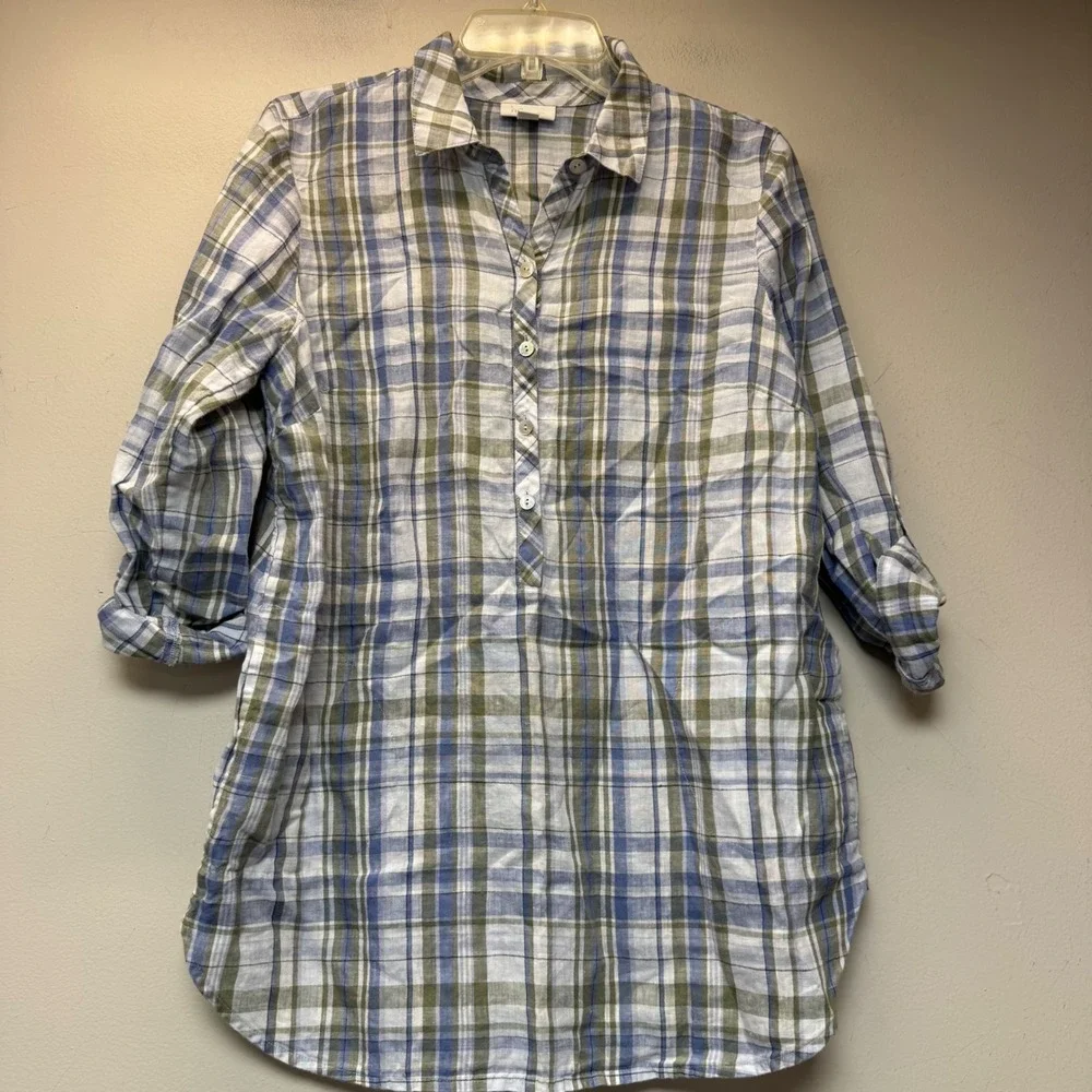 J. Jill Tunic Womens S Petite Blue Green Plaid Excellent Linen Roll Tab Henley